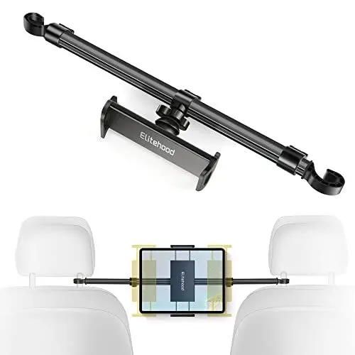 Produktbild: elitehood Aluminium Tablet Halterung Auto Kopfstütze, Einstellbar Tablethalterungen Auto, Anti-Shake KFZ Tablet Halterung für iPad Mini Air, iPad Pro 12.9 11, Switch, Smartphone usw.