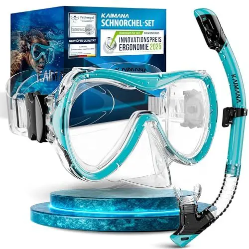Produktbild: Elite-S KAIMANA® Schnorchelset für Erwachsene aus gehärtetem Sicherheitsglas (Taucherbrille & trocken-Schnorchel), Bequeme Taucherbrille Erwachsene mit Silikon oder Stoffband