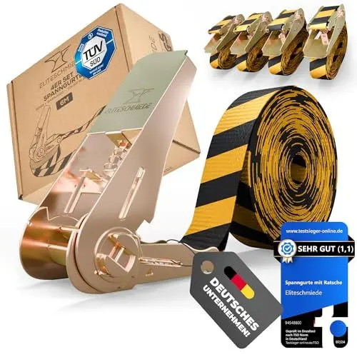 Produktbild: EliteSchmiede 4er-Set Spanngurte mit Ratsche – Zurrgurte in extra Warnfarbe (4m / 6m) TÜV/GS-geprüft nach DIN EN 12195-2 | 800 kg Tragkraft | Robuste Ratschengurte zur sicheren Ladungssicherung