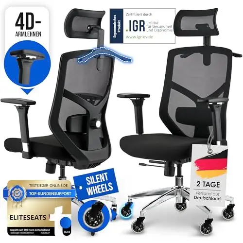Produktbild: ELITESEATS Bürostuhl Ergonomisch (TESTSIEGER) Kratzerfreie Rollen Atmungsaktiv | Ergonomischer Schreibtischstuhl | Büro Stuhl 150 kg Belastbar | Computerstuhl | Drehstuhl | Home Office Chair Ergonomic