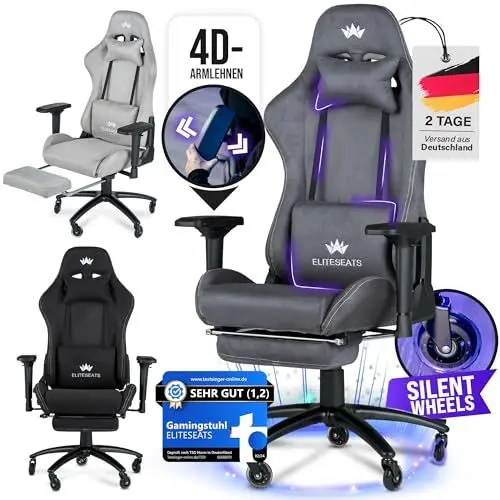 Produktbild: ELITESEATS Gaming Stuhl Ergonomisch (TESTSIEGER) Kratzerfreie Rollen Atmungsaktiv, 4D-Armlehnen, mit Fußstütze | Ergonomischer Gamingstuhl Stoff 150 kg Belastbarkeit | Gaming Chair