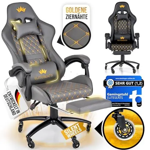 Produktbild: ELITESEATS Gaming Stuhl (mit Fußstütze) - Gaming Chair (Silent Wheels) - Gamingstuhl Ergonomisch - Gamer Stuhl Gaming Sessel Bürostuhl (Grau)