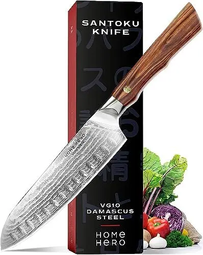 Produktbild: Home Hero Elite-Serie Santoku Messer 17.8 cm Kochmesser Profi - Küchenmesser Scharf Santokumesser 67-lagiges VG10 Damastmesser Damaststahl Fleischmesser - Ergonomische Palisander Griffe und Scheide