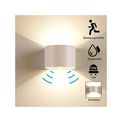 Produktbild: Elitlife 12W Wandleuchte mit Bewegungsmelder Aussen Licht Wasserdicht Außenwandleuchten LED Wandlampe Innen Wandlampe Aluminium Wandleuchte für Garten/Flur/Weg,(Energieklasse A+++) (Weiß)