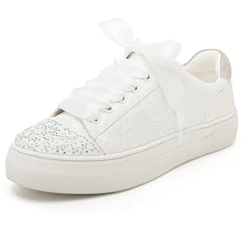 Produktbild: Elivandon 9994 Hochzeit Schuhe Spitze Braut Sneakers 3,7cm Plattform Braut Tennis Schuhe Sparkling Strass Hochzeit Sneakers Farbe Elfenbein,Größe 36 EU (3 UK)