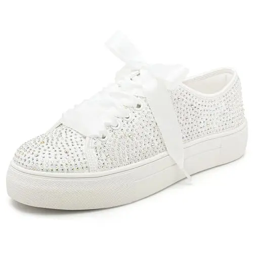 Produktbild: Elivandon 9995 Hochzeit Schuhe Spitze Braut Sneakers 3,7cm Plattform Braut Tennis Schuhe Sparkling Strass Hochzeit Sneakers Farbe Elfenbein,Größe 36 EU (3 UK)