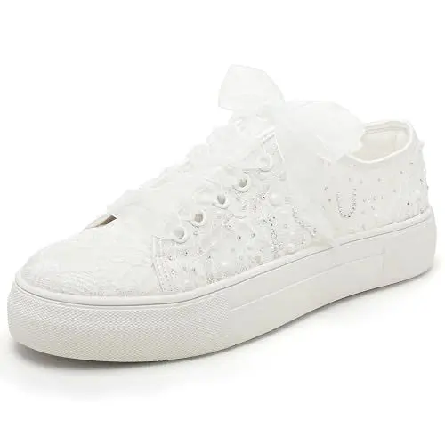 Produktbild: Elivandon 9996 Hochzeit Schuhe Spitze Braut Sneakers 3,7cm Plattform Braut Tennis Schuhe Sparkling Strass Hochzeit Sneakers Farbe Elfenbein,Größe 40 EU (6.5 UK)