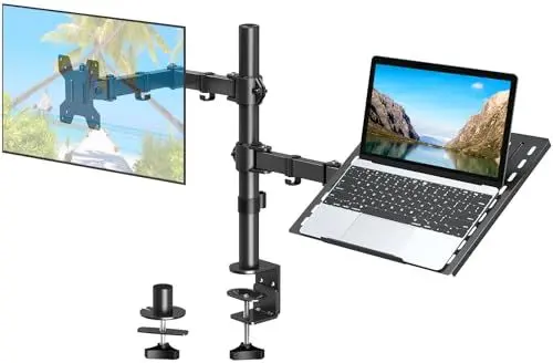 Produktbild: ELIVED Monitor Halterung mit Laptop Arm für die meisten 13-27 Zoll LCD LED Bildschirme und bis zu 15,6 Zoll Notebooks, VESA 75x75-100x100mm, EV024, Ständer