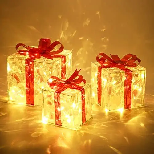 Produktbild: ELKTRY 3er Set LED Geschenkbox, Weihnachtsdeko mit 60 warmweiß LEDs innen Strom, PVC Wasserdicht Weihnachtenbox Beleuchtete außen mit Schleife