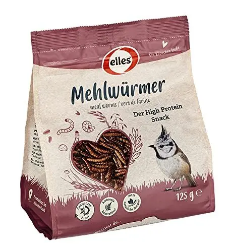 Produktbild: Elles getrocknete Mehlwürmer 125g I Protein-Delikatesse für Wildvögel | 100% natürlich | Ideal zur Ganzjahresfütterung | Energiereich und schalenfrei