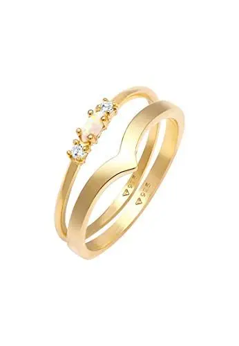 Produktbild: Elli Ring Damen Set Marquise V-Form Basic mit Synthetischem Opal und Zirkonia Kristallen in 925 Sterling Silber