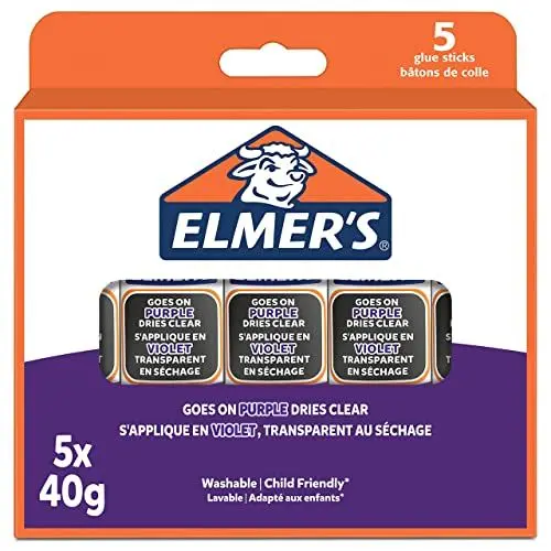 Produktbild: Elmer's lila Klebestift | trocknet klar | für den Schulbedarf & Bastelarbeiten | auswaschbar & kinderfreundlich | 40 g | 5 Stück