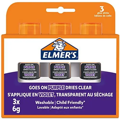 Produktbild: Elmer's lila Klebestift | trocknet klar | für den Schulbedarf & Bastelarbeiten | auswaschbar & kinderfreundlich | 6 g | 3 Stück