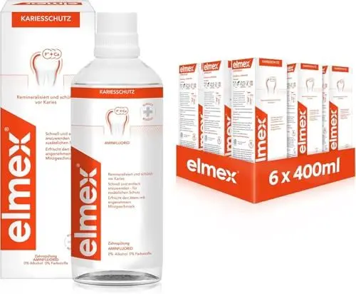 Produktbild: elmex Mundspülung Kariesschutz 6x 400ml – antibakterielle Zahnreinigung ohne Alkohol schützt effektiv vor Karies – für die tägliche Anwendung mit zweifach aktivem Kalzium-Fluorid Schutzschild