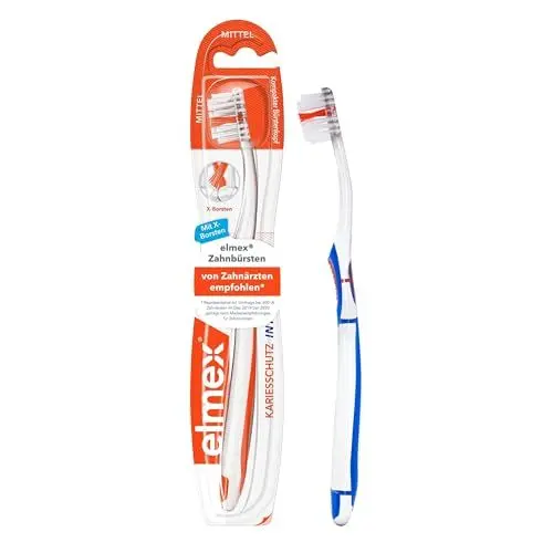 Produktbild: elmex Zahnbürste Kariesschutz InterX Mittel, 1 Stück – X-Borsten für eine besonders gründliche Zahnreinigung – mit Kurzkopf für schwer erreichbare Backenzähne