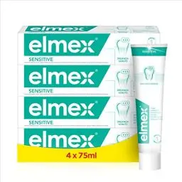 Produktbild: elmex Zahnpasta Sensitive 4x75ml – sanfte Zahnreinigung und Schutz für schmerzempfindliche Zähne – klinisch bestätigt für starke Zähne und gegen Karies