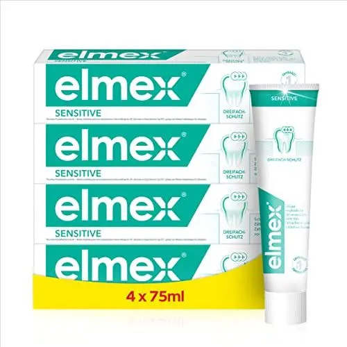 Produktbild: elmex Zahnpasta Sensitive 4x75ml – sanfte Zahnreinigung und Schutz für schmerzempfindliche Zähne – klinisch bestätigt für starke Zähne und gegen Karies
