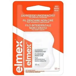 Produktbild: elmex Zahnseide 50m – ungewachstes Zahnband für eine gründliche Zahnreinigung – Faden mit Flauscheffekt und Aminfluorid beugt Karies und Zahnfleischentzündungen vor