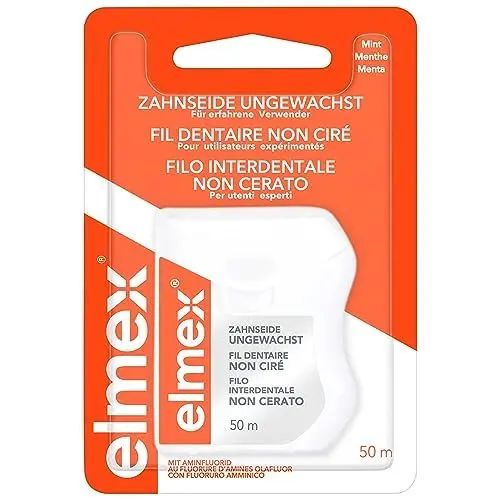 Produktbild: elmex Zahnseide 50m – ungewachstes Zahnband für eine gründliche Zahnreinigung – Faden mit Flauscheffekt und Aminfluorid beugt Karies und Zahnfleischentzündungen vor