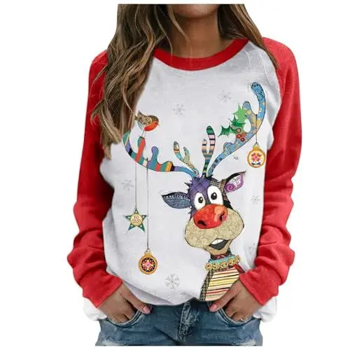 Produktbild: Elogoog Weihnachtspullover Damen Langarmshirt Pullover Lustig Rudolph Rentier Druck Sweatshirt Langarm Rundhals Ugly Weihnachten Weihnachtspulli Frauen Tops