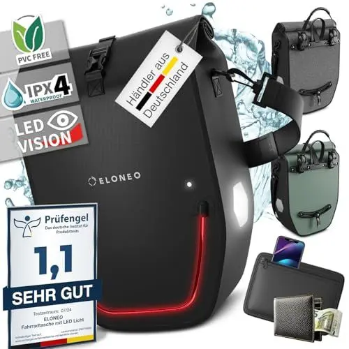 Produktbild: ELONEO Fahrradtasche für Gepäckträger mit LED Licht, 20L - 100% wasserdicht mit Tragegriff und Schultergurt, Fahrradtasche Gepäckträger, Fahrrad Gepäckträgertasche, schwarz