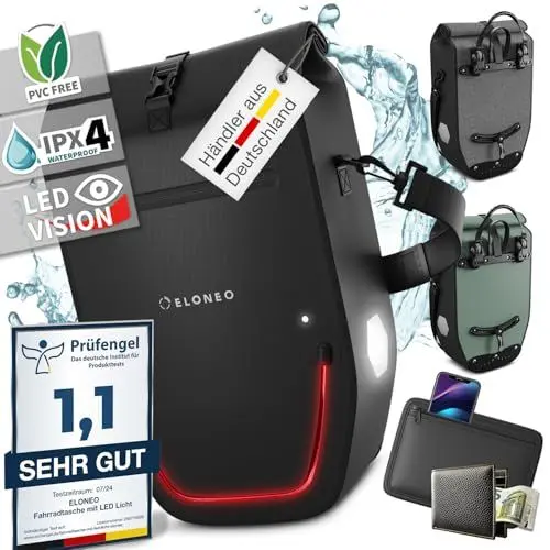 Produktbild: ELONEO Fahrradtasche für Gepäckträger mit LED Licht, 28L - 100% wasserdicht mit Tragegriff und Schultergurt, Fahrradtasche Gepäckträger, Fahrrad Gepäckträgertasche, schwarz