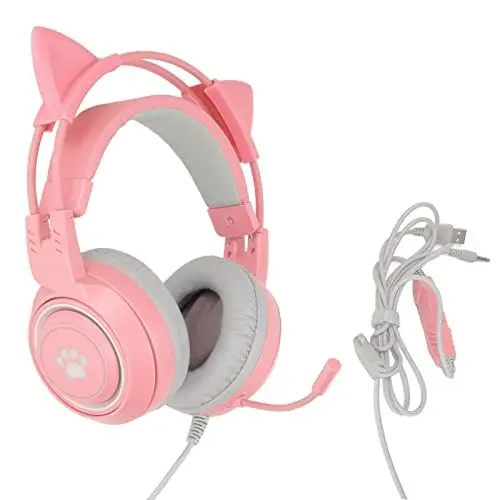 Produktbild: Elprico Gaming-Headset, Abnehmbares Katzenohr, USB + 3,5-mm-Stecker, Gaming-Kopfhörer, Unterstützt Lautstärkeregelung, Mikrofon-Stummschaltung für, für One(Rosa)