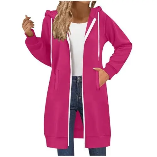 Produktbild: Elsa Keith Damen Sweatjacke mit Kapuze Sweatshirt Zipper Hoodie Oversize Pullover Einfarbig Casual Kapuzenjacke Langarm Basic Kapuzenpullover Baumwolle Komfortable Freizeitjacke Leichte Outwear