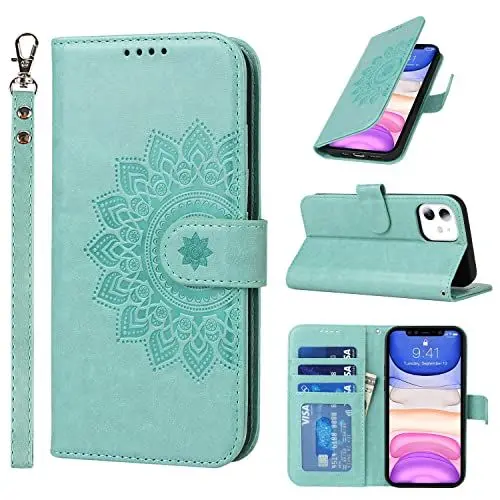 Produktbild: ELTEKER Handyhülle iPhone 11, Hülle iPhone 11 Klapphülle, (3 Kartenfächer) (Magnet Verschluss) Leder Eleganter Prägung Schutzhülle Ledertasche Handyhülle für iPhone 11, Grün