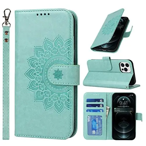 Produktbild: ELTEKER Handyhülle iPhone 12, iPhone 12 Pro Hülle, (3 Kartenfächer) (Magnet Verschluss) Leder Eleganter Prägung Schutzhülle Ledertasche Klapphülle Hülle für iPhone 12/12 Pro, Grün