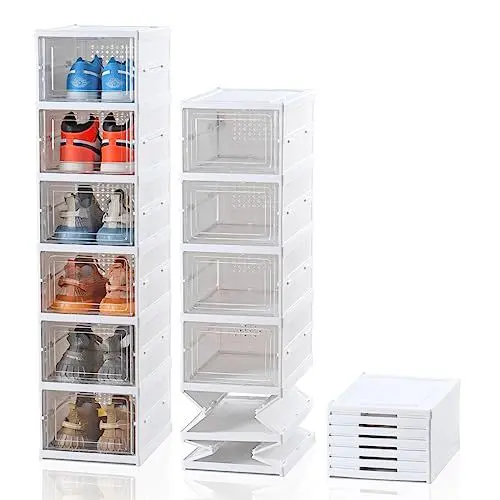 Produktbild: ELUCHANG Schuhboxen Stapelbar Transparent, Installationsfrei 6er Pack Schuhbox, Faltbar Schuhaufbewahrung mit Tür für Schrank Wand Turnschuhe Stöckelschuhe, bis Größe 45,weiß