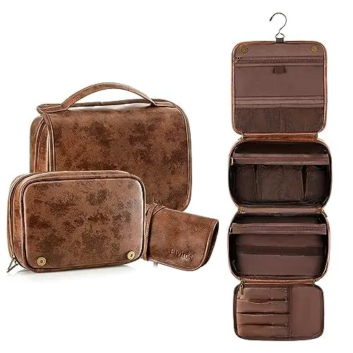 Produktbild: Elviros Kulturbeutel für Damen und Herren aus PU-Leder, kulturtasche zum aufhängen, 3 in 1 multifunktional abtrennbare kulturtasche, Waschtasche große wasserdichte Reise-Kosmetiktasche, 29.5x22x10 cm