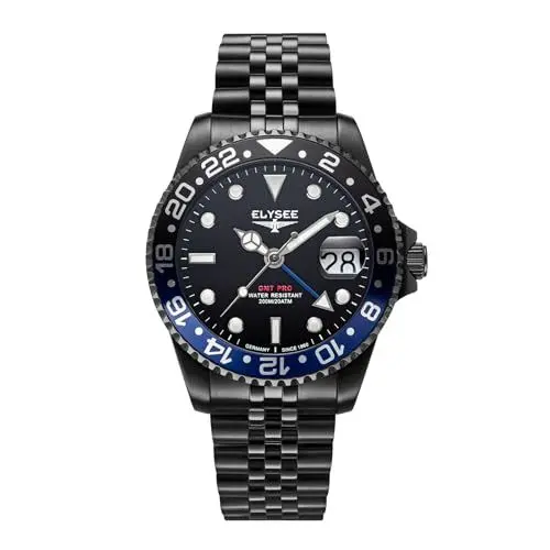 Produktbild: Elysee Herrenuhr GMT PRO. 40 mm 20 ATM Herren zweite Zeitzone, Verschraubte Krone, Leuchtzeiger, Datumsanzeige schwarz 80590, 80591, 80592, 80593, 80594, 80598, 80599, 80600, 80615