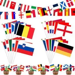 Produktbild: 24 Länder Fahnen Wimpelkette 20x28cm + 48 Internationale Zahnstocherflaggen + 24 Länder EM Flagge Handgehaltene Flaggen Doppelseitige EM Deko für Haus Garten Bar Restaurant Party Deko