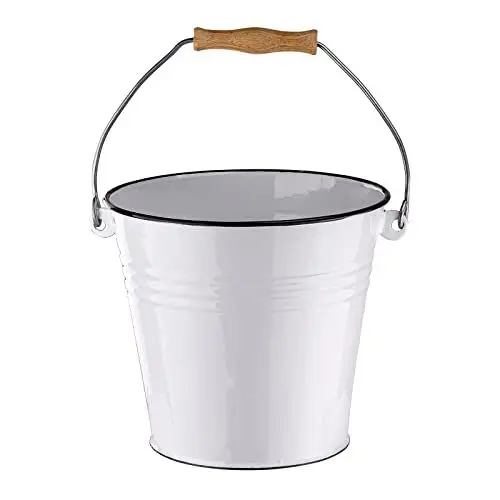 Produktbild: Emaille Wassereimer Blumeneimer Henkeleimer Pflanzeimer Eimer Gartendeko Garten Deko Bauerngarten Landhaus 5 L emailliert weiß mit Holz Henkel