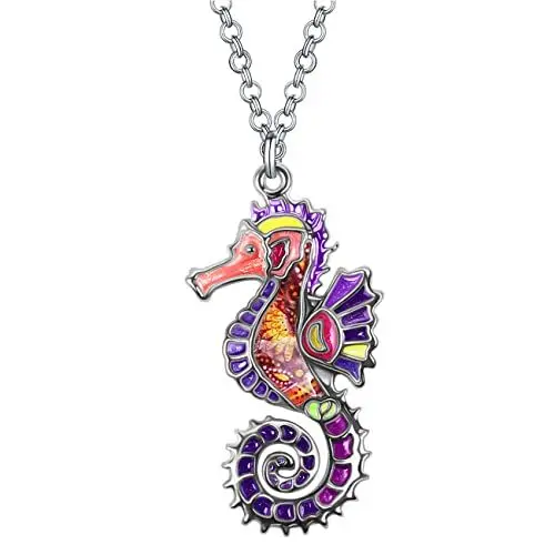 Produktbild: Emaille-Legierung Hippocampus Seepferdchen Halskette Ozean Charms Anhänger Mode Schmuck Geschenke für Frauen Mädchen (Violett)