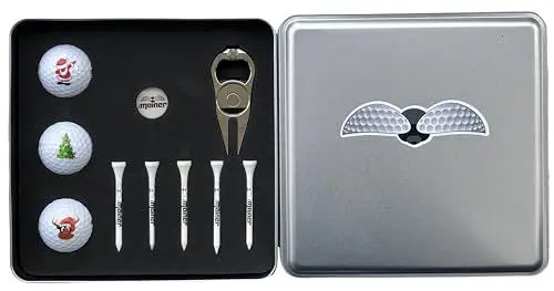 Produktbild: Emainer Golf Geschenk Set, mit hcp personalisierbare Golfbälle, Pitchgabel, Ball-Marker, Bambus Tees, in edler Metallbox (Weihnachten)