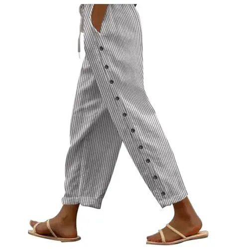 Produktbild: EMATOP 7/8 Leinenhose Damen Sommer Leicht Sporthose Baumwolle Leinen Stoffhose Lockere Einfarbig Sommerhose Lässig High Waist Strandhose mit Taschen Freizeithose Elegant Haremshose für Frauen
