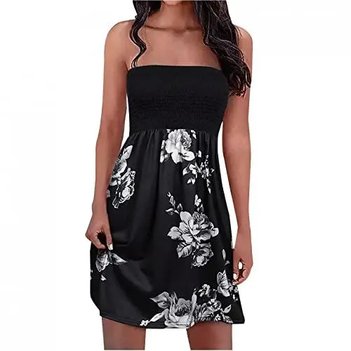 Produktbild: EMATOP Damen Boho Kleid Bandeau Sommerkleid Elegant Kurz Freizeitkleid Trägerlos Ärmellos Strandkleid Cocktailkleid Farbverlauf Blumen Druck Minikleid Stretch Hohe Taille Faltenkleid,Schwarz,L