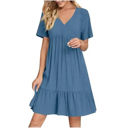 Produktbild: EMATOP Damen Kleider Elegant Leicht Sommerkleid Knielang Minikleid Kurzarm Casual Strandkleid V-Ausschnitt Sexy Freizeitkleider Bequemes Einfarbig Tunika Kleid Hohe Taille Plissiert Blusenkleid