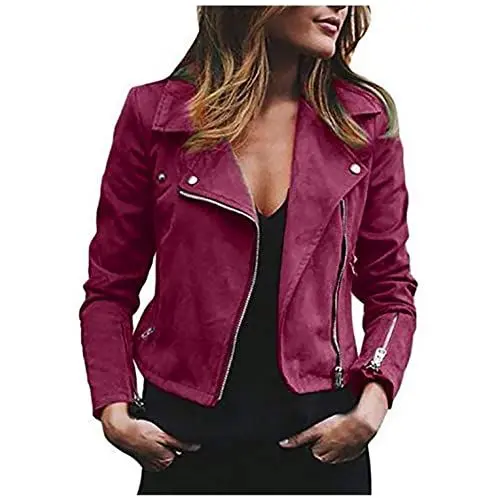 Produktbild: Damen Kunstlederjacke Lässig Lederjacke Wildleder Female Jacke Winddicht Kurz Mantel Sexy Einfarbig Windjacke Mode Revers Übergangsjacke Bomberjacke Wärme Bequemes Oberteil Sweatjacke