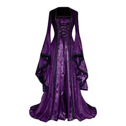 Produktbild: EMATOP Damen Mittelalterliche Kleid mit Trompetenärmel Gothic Kleider Retro Halloween Party Cosplay Kostüm Maxikleid Elegant Mittelalter Langarm Schnürung Ballkleid Einfarbig Halloween Kostüm