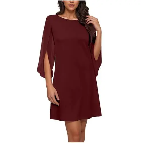 Produktbild: EMATOP Damen Sommer Elegant Chiffonkleid 3/4 Ärmel Sexy Sommerkleid Casual Rundhals Minikleid Knielang T-Shirt Kleid Bequem Einfarbig Strandkleid Kurz Leicht Wickelkleid Lässiges Blusenkleid