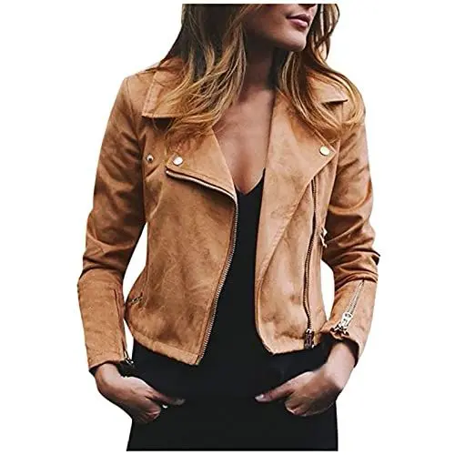 Produktbild: EMATOP Female Jacke Wildleder Lederjacke Winddicht Kurz Mantel Herbst Winter Übergangsjacke Leichte Steppjacke mit Reißverschluss Freizeitjacke Mode Einfarbig Windjacke Revers Wärme Bomberjacke