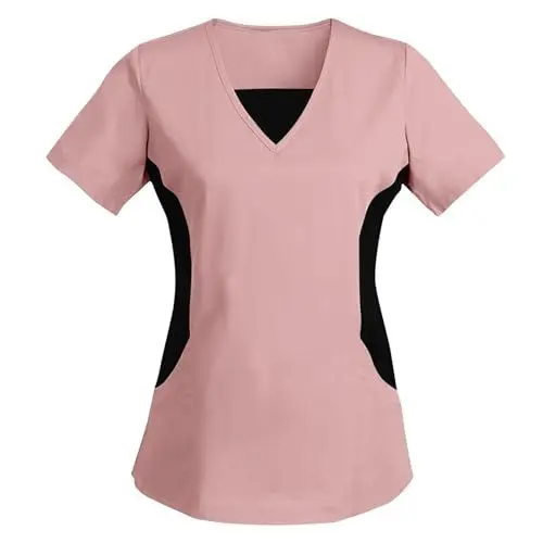 Produktbild: EMATOP Kasacks Damen Pflege Shirt Sommer Medizinische Uniformen Top V-Ausschnitt Kurzarm Tshirt Einfarbig Elegant Altenpflege Schlupfkasack Krankenschwester Krankenhaus Berufskleidung