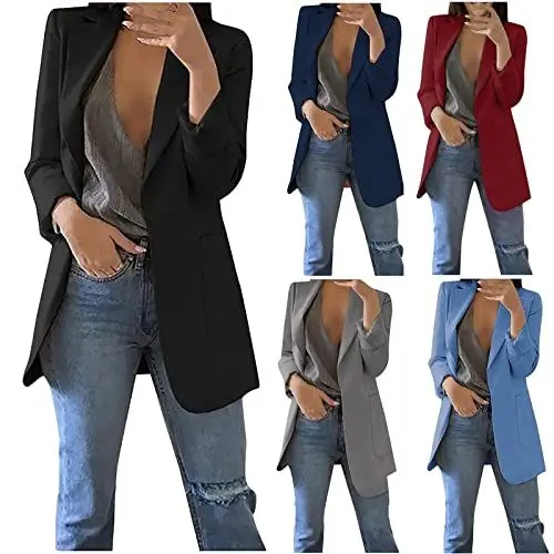 Produktbild: EMATOP Lang Trenchcoat Damen Revers Elegant Blazer Langarm Casual Sakko Einfarbig Arbeit Büro Jacken Klassische Sportlich Longblazer mit 2 Taschen Blazerjacke Lässig Business Anzugjacke