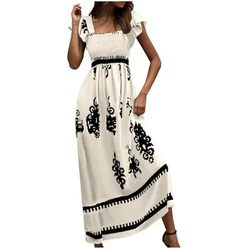Produktbild: EMATOP Langes Kleider Damen Sommer Elegant Maxikleider Bunte Boho Strandkleid Lässiges Kurzarm Shirtkleid Mode U-Ausschnitt Freizeitkleid High Waist Lockeres Kleid Ethnische Drucke Ballkleid