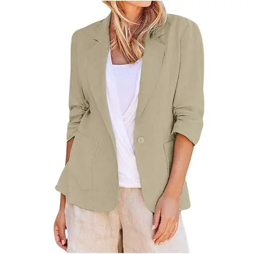 Produktbild: EMATOP Leinen Blazer Damen Leichte Sommerjacke Elegant Baumwolle Anzugjacke Regular Fit Sakko Jacke Lässig Business Blazermantel Langarm Einfarbig Blazerjacke mit Taschen Bürojacke für Die Arbeit