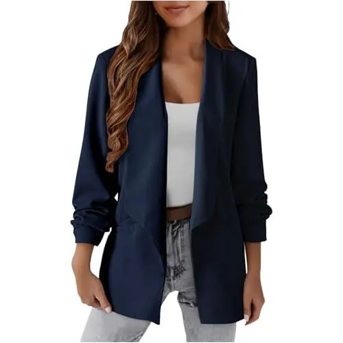 Produktbild: EMATOP Longblazer Damen Sportlich Business Blazer Elegant Langarm Sakko Anzug Casual Arbeit Bürojacke Offen Vorne Blazerjacke Slim Fit Revers Anzugjacke mit Taschen Trenchcoat Outdoor Mantel