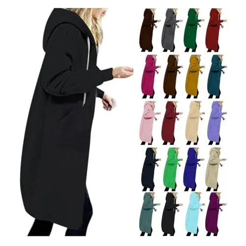 Produktbild: EMATOP Sweatjacke Damen Lang Hoodie Jacke Casual Lose Sweatshirt mit Kapuze Cardigan Warm Langarm Kapuzenjacke Einfarbig Elegant Fleecejacke Zip Kapuzenpullover Mantel mit Taschen Outwear